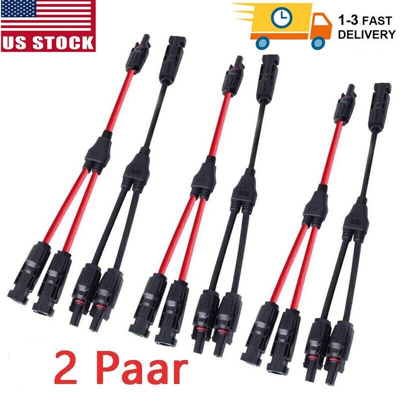 2 Pair Solar Connectors Y Branch Parallel PV Adapter Cable Wire Plug Connector