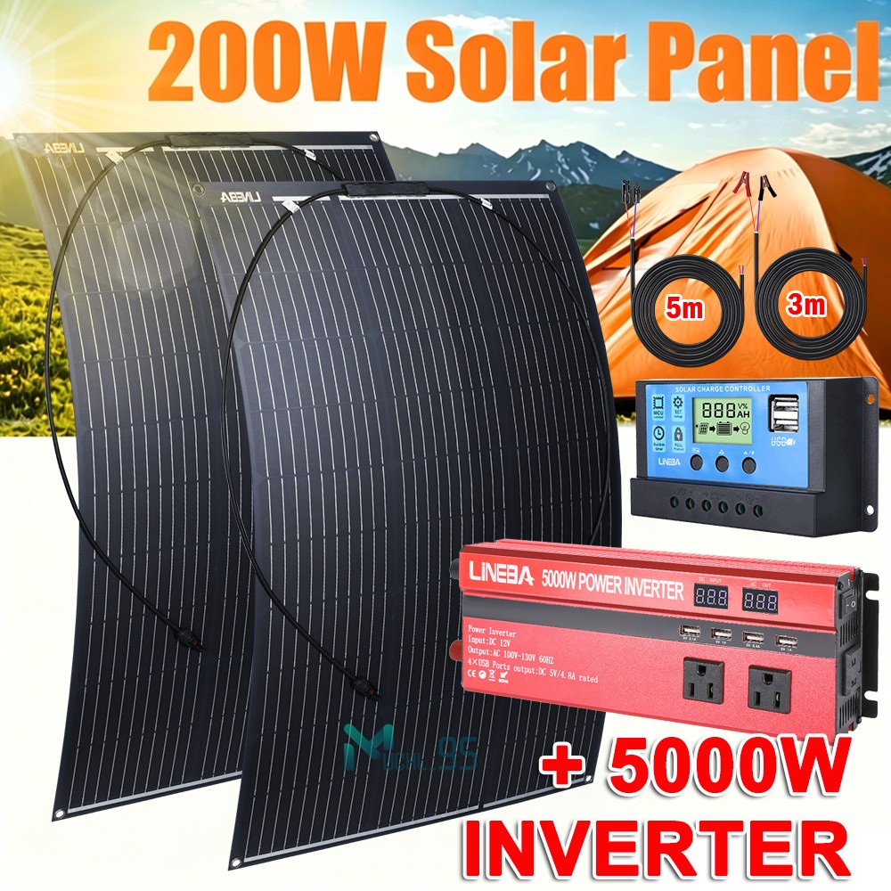 Full Complete 200W Solar Panel Kit 5000W Inverter 12V to 110V RV Home Off Grid