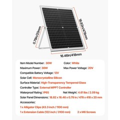 30W 12V Solar Panel Battery Charger with MPPT Controller, IP67 Waterproof for