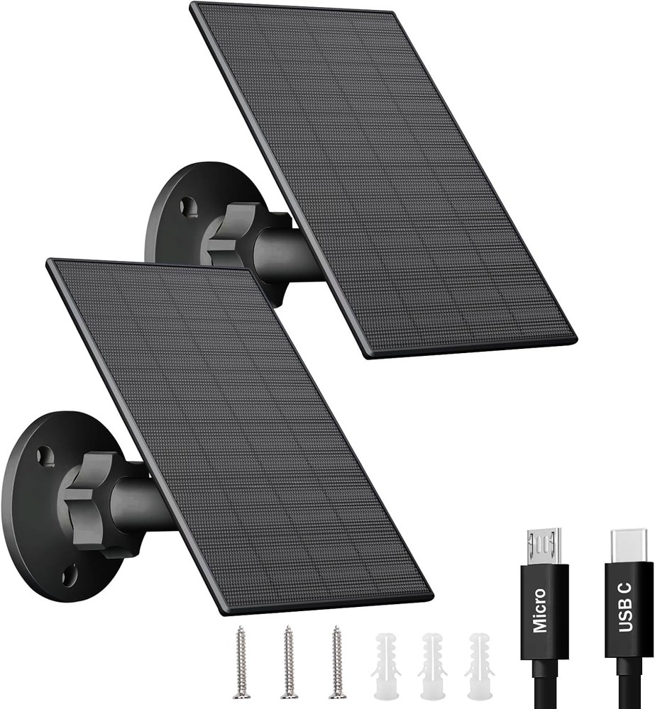 Solar Panel for Security Camera, 2 Pack 2W Solar Charger with Micro USB & USB-C