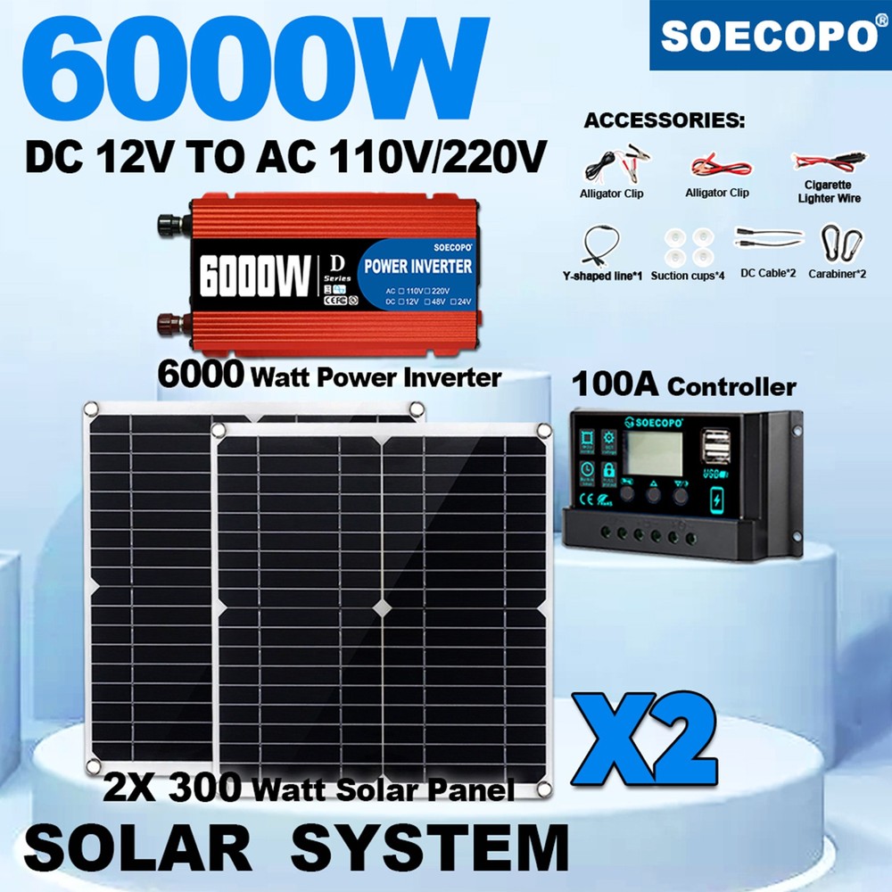6000W Solar Power Kit: Off-Grid Inverter (12V to 110V/220V) + 2pcs 300W Solar
