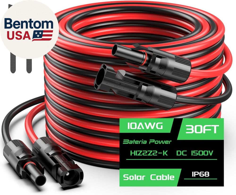 30FT 10AWG Solar Panel Extension Cable, 6Mm² Solar Extension Cable Wire with Fe