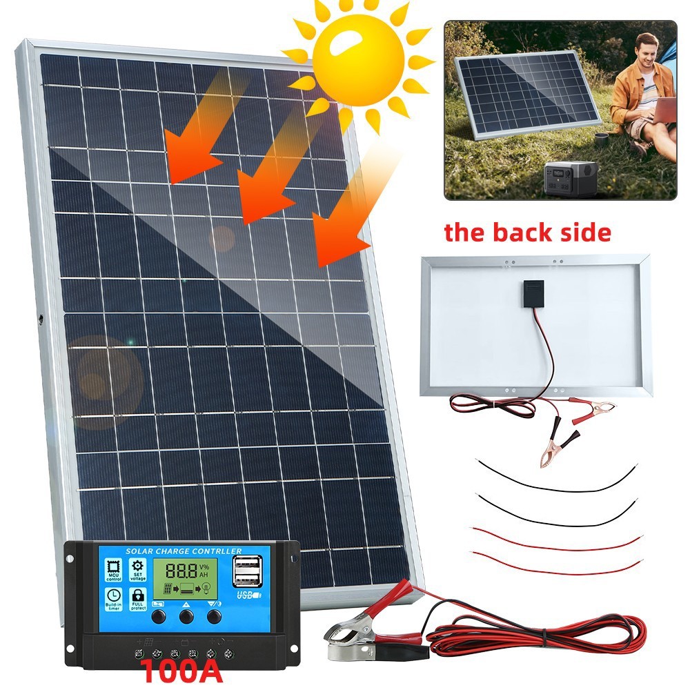 1/2PC Solar Panel 12V Solar Battery Trickle Charger 100A W/Controller Maintainer