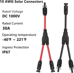 2 to 1 Solar Panel Connectors Y Branch Universal 10 AWG Solar Connectors (Red &