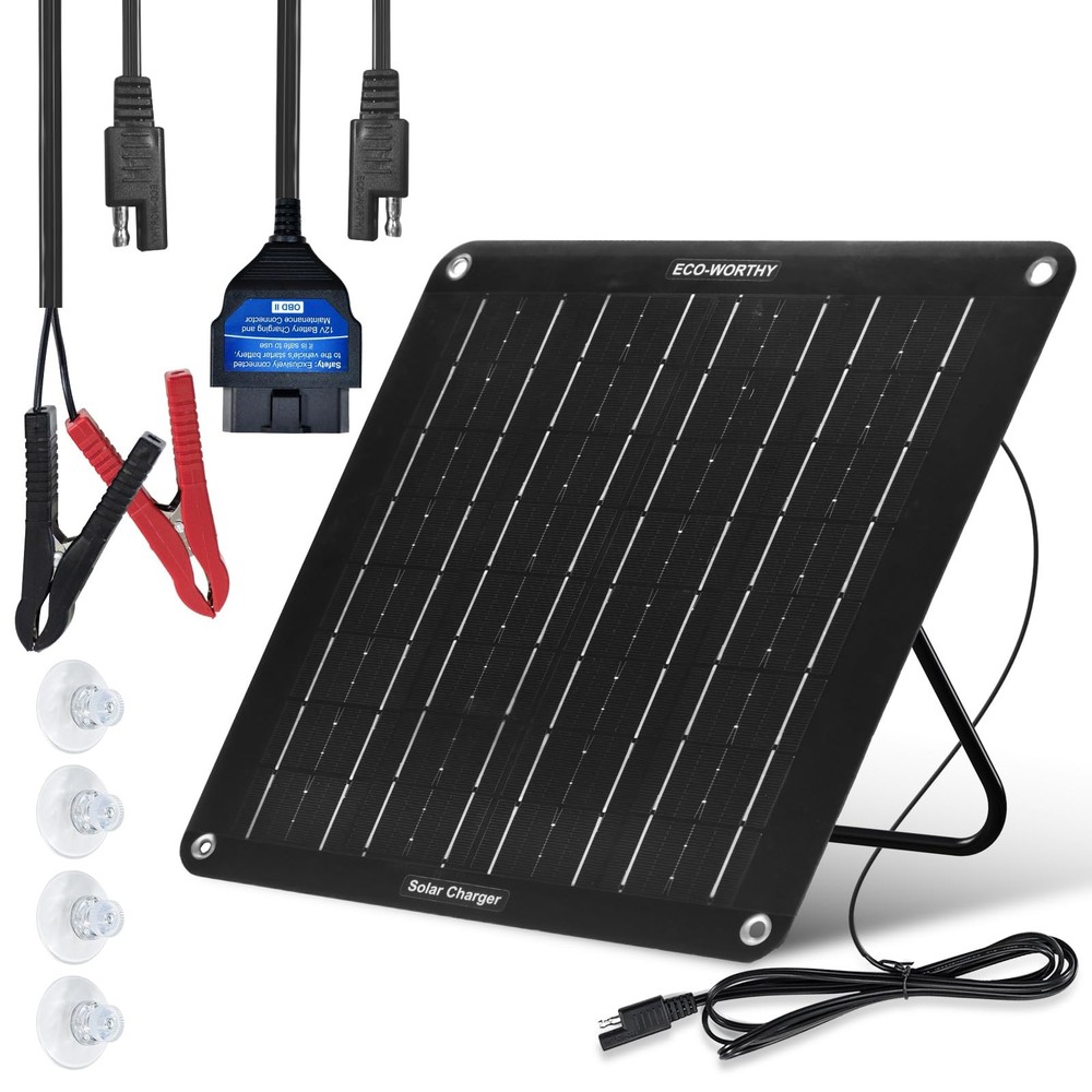 Solar Battery Trickle Charger 10W 12V OBDII with Stand for Car Truck Boat RV ATV
