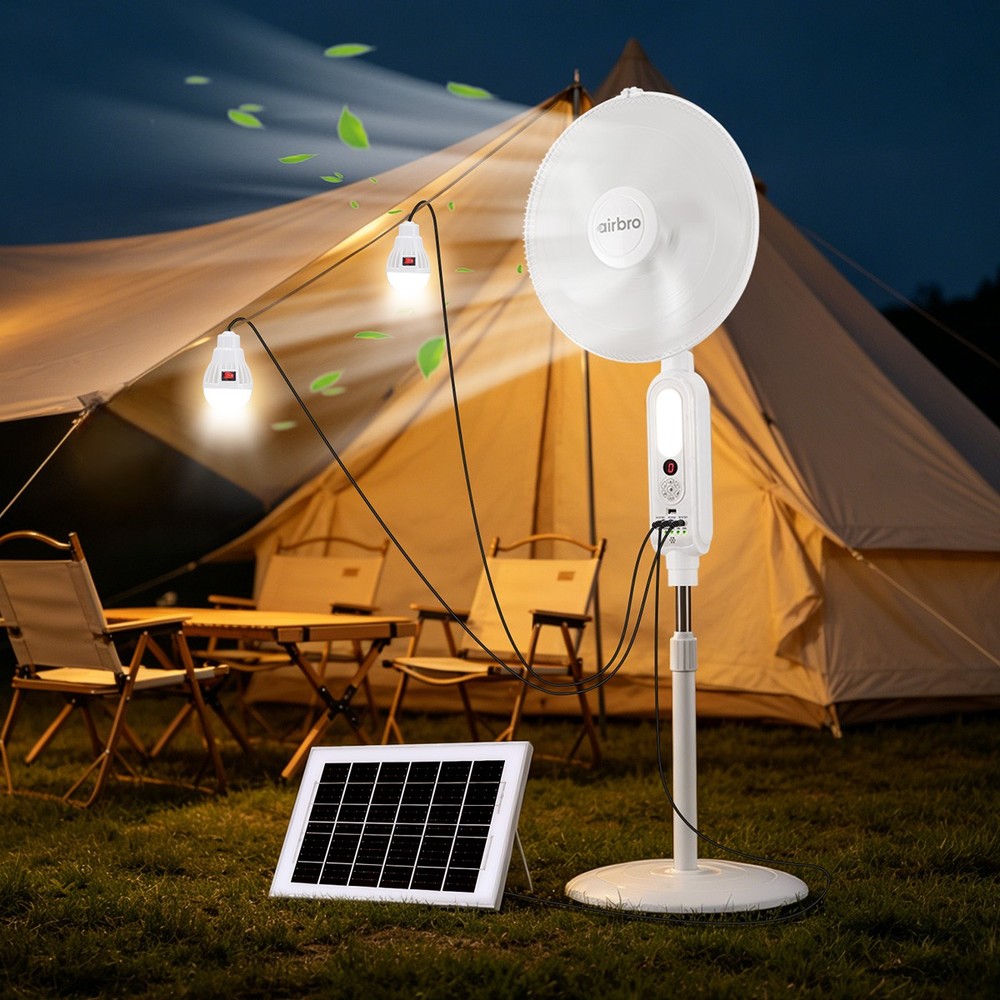 16″ Floor Standing Fan Solar Powered w/ 2PCS Emergency LED Bulbs Remote Outdoor