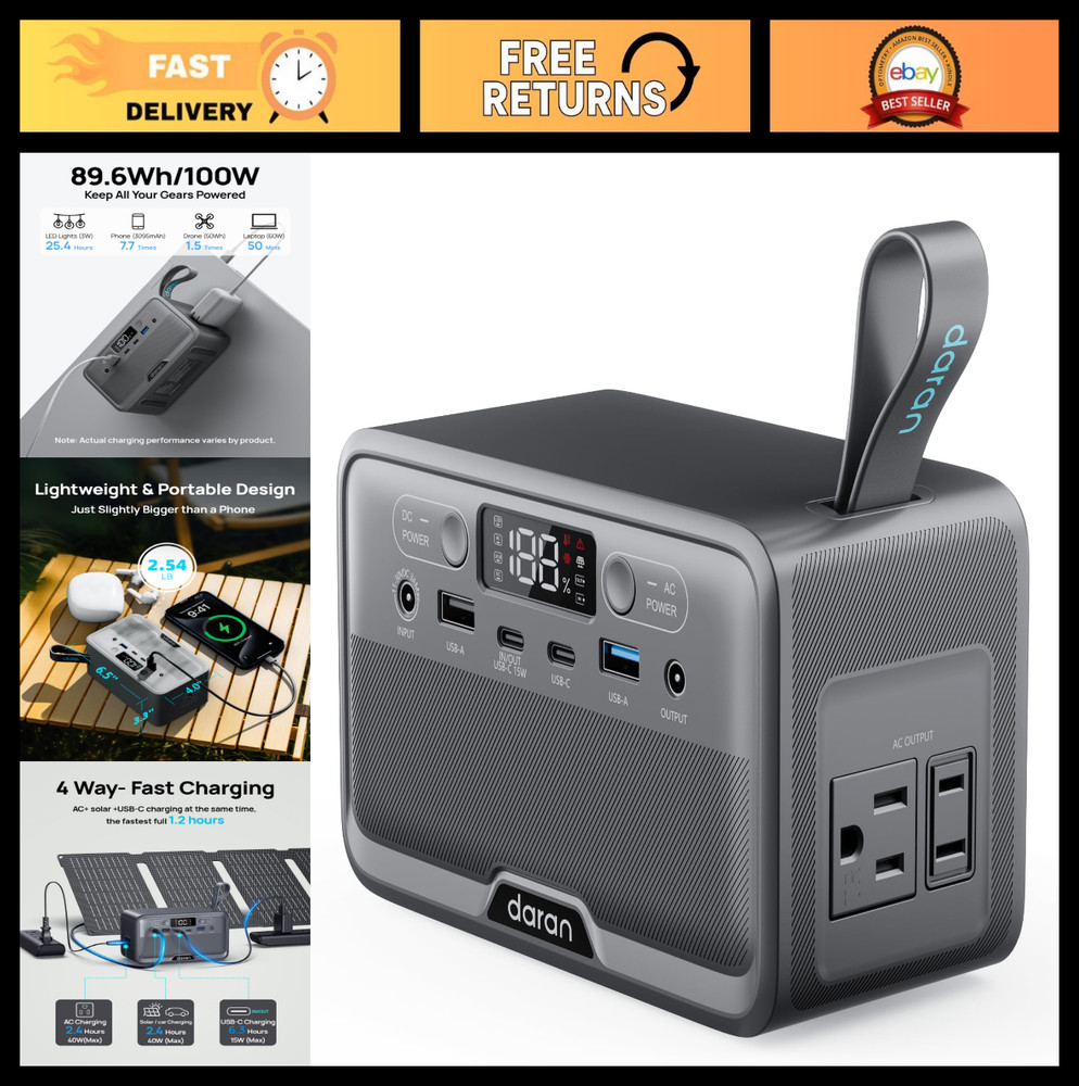 Portable Power Station 89.6Wh Solar Generator, 100W AC Outlet, Fast Charging, Ca