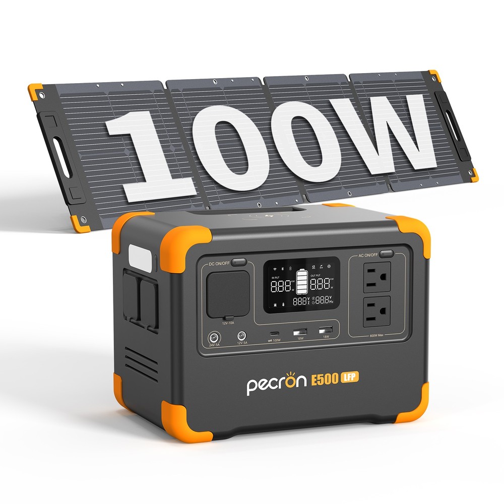 PECRON E500LFP 576Wh 600W Power Station Solar Generator with 100W Solar Panel