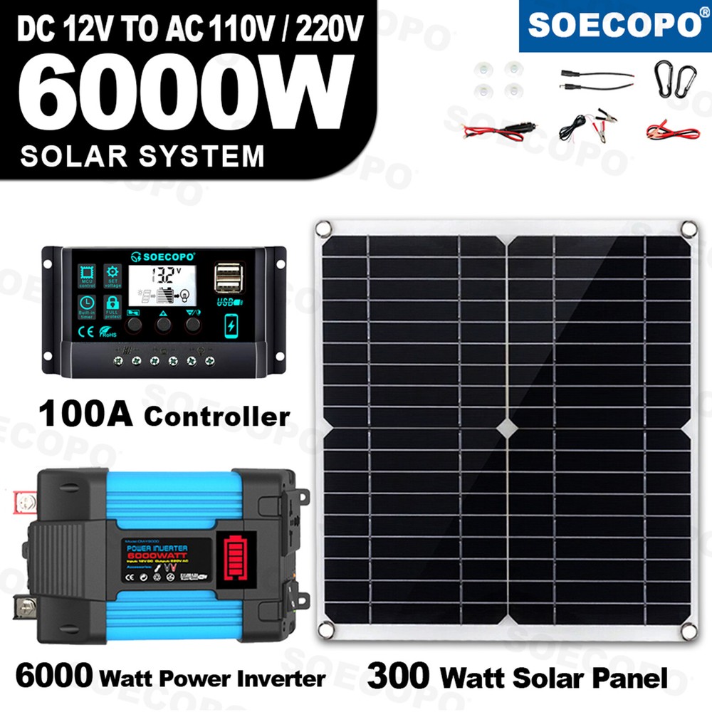 6000W Solar Power System 100A MPPT Controller 300W Panel 12V to 110V/220V