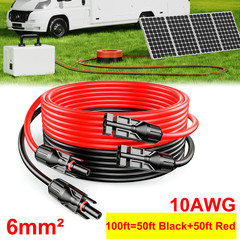 100FT 10 AWG Solar Panel Extension Cable PV Wire +Pair Solar Connectors 6mm²