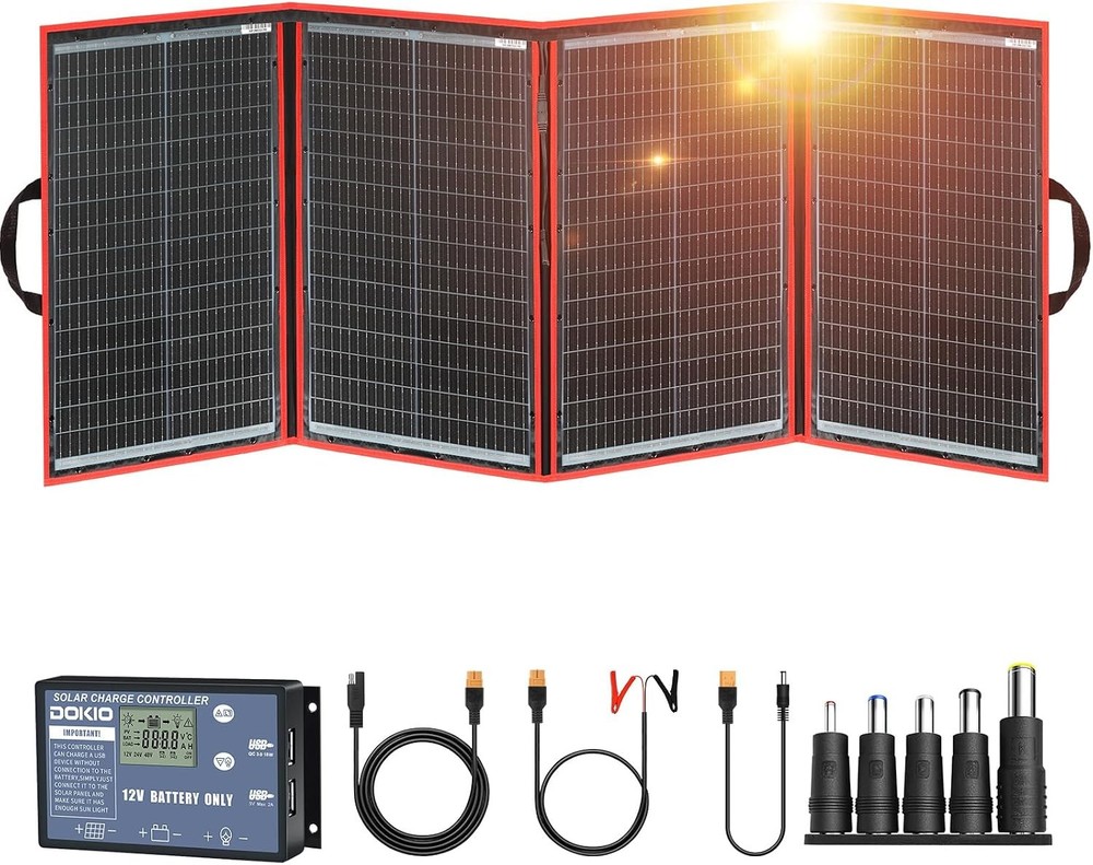 Portable Foldable DOKIO 200W Solar Panel 20x27in 9.7lb 12V Battery Charger