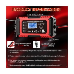 12V Battery Charger 8-Amp Smart Trickle Charger, Red | Battery Maintainer and…