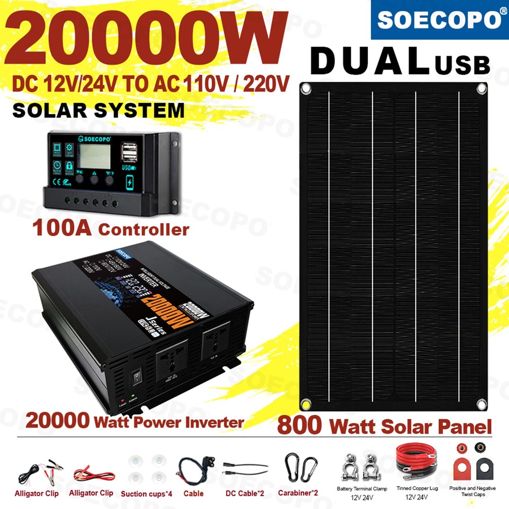 20000W Solar Power Inverter Kit | 800W Panel + Controller | 12V/24V to 110V/220V