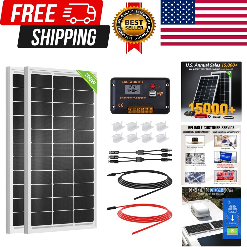 200 Watts 12 Volt/24 Volt Solar Panel Kit with High Efficiency Monocrystallin…