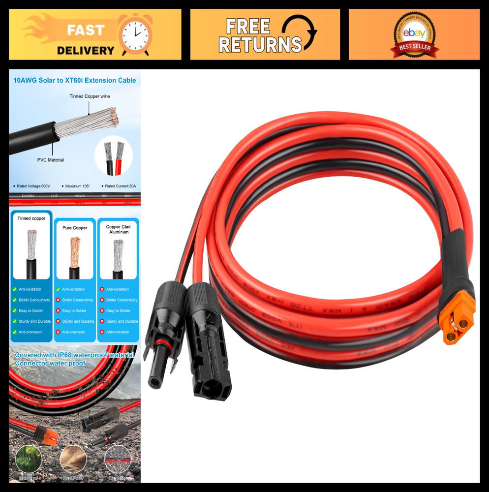 10FT 10AWG Solar XT60i Extension Cable – Heavy Duty Adapter for Power Stations,