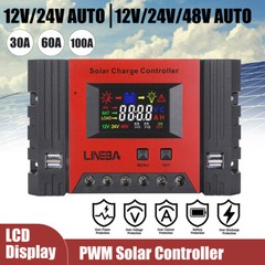 30A-100A Solar Panel Regulator Charge Controller 12/24V Color LCD Display 4 USB