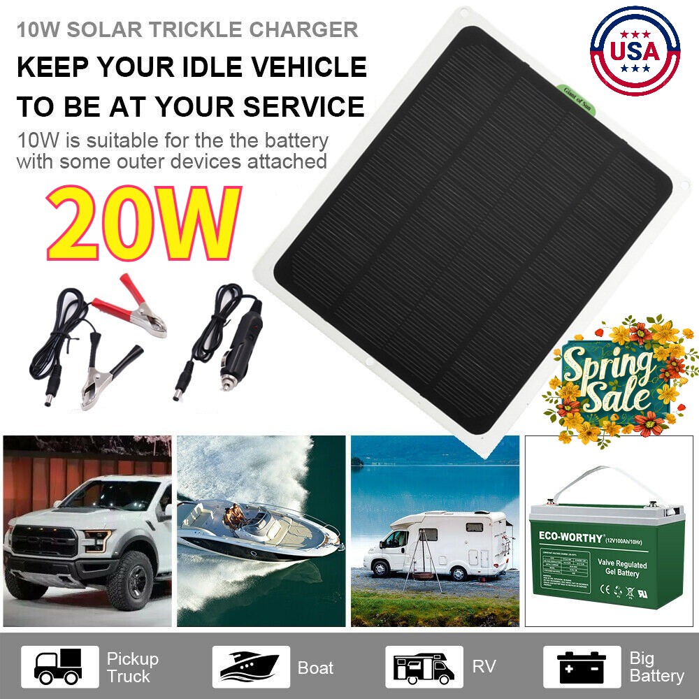 20W Solar Panel Trickle 12V Charger Battery Charger Kit Maintainer Boat Car RV