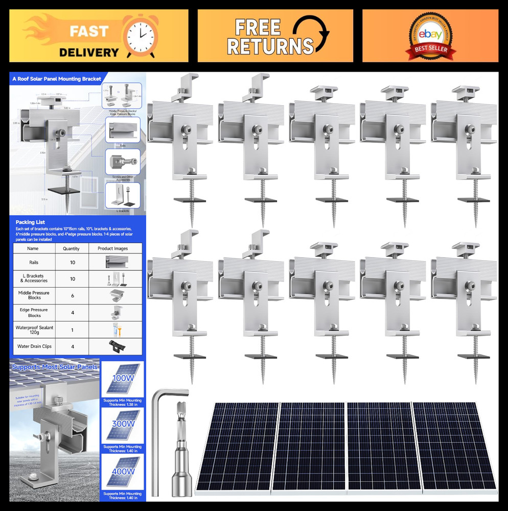 10Pcs Solar Panel Mounting Brackets Kit for Flat/Pitched Roof, Aluminum Alloy Ra
