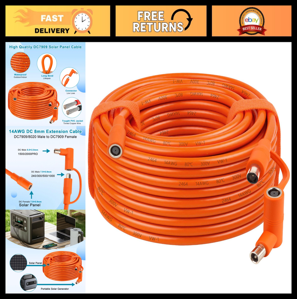 14AWG 100FT DC Extension Cable, 8mm Power Cord for Solar Generators & Panels