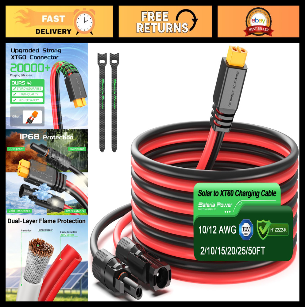 10FT Solar XT60 Extension Cable 12AWG Connector for Portable Power Stations, RVs