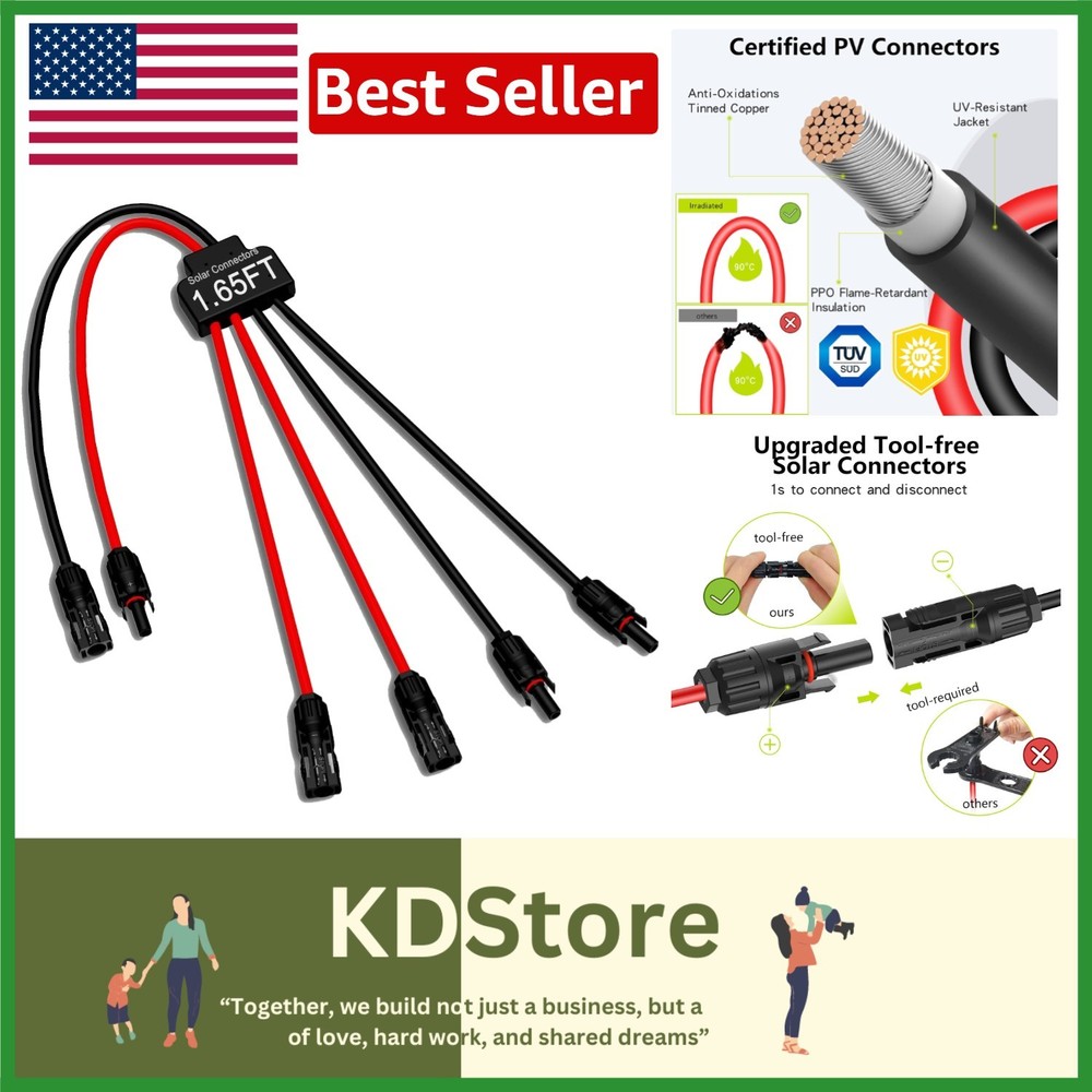Tool-Free Waterproof Solar Panel Parallel Connector – 2 to 4 Y Branch Adapter…