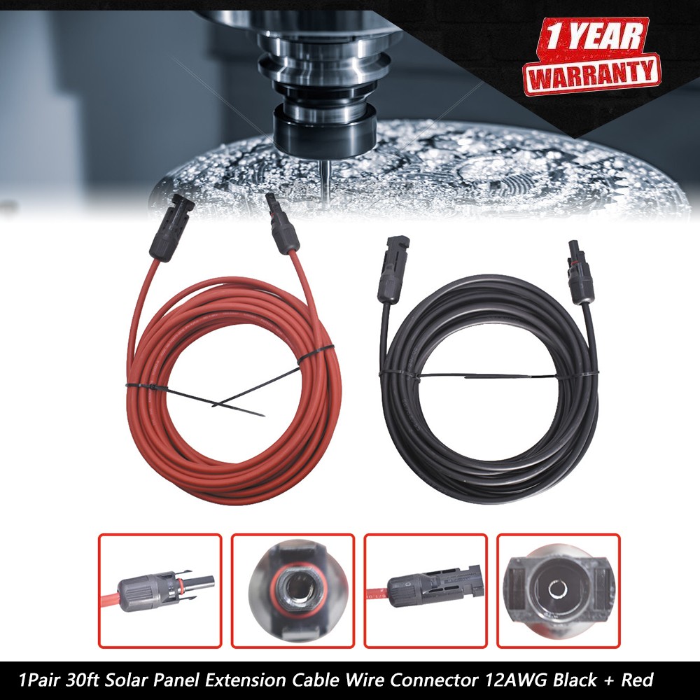 1 Pair 30ft Solar Panel Extension Cable Wire Connector Black + Red 12AWG