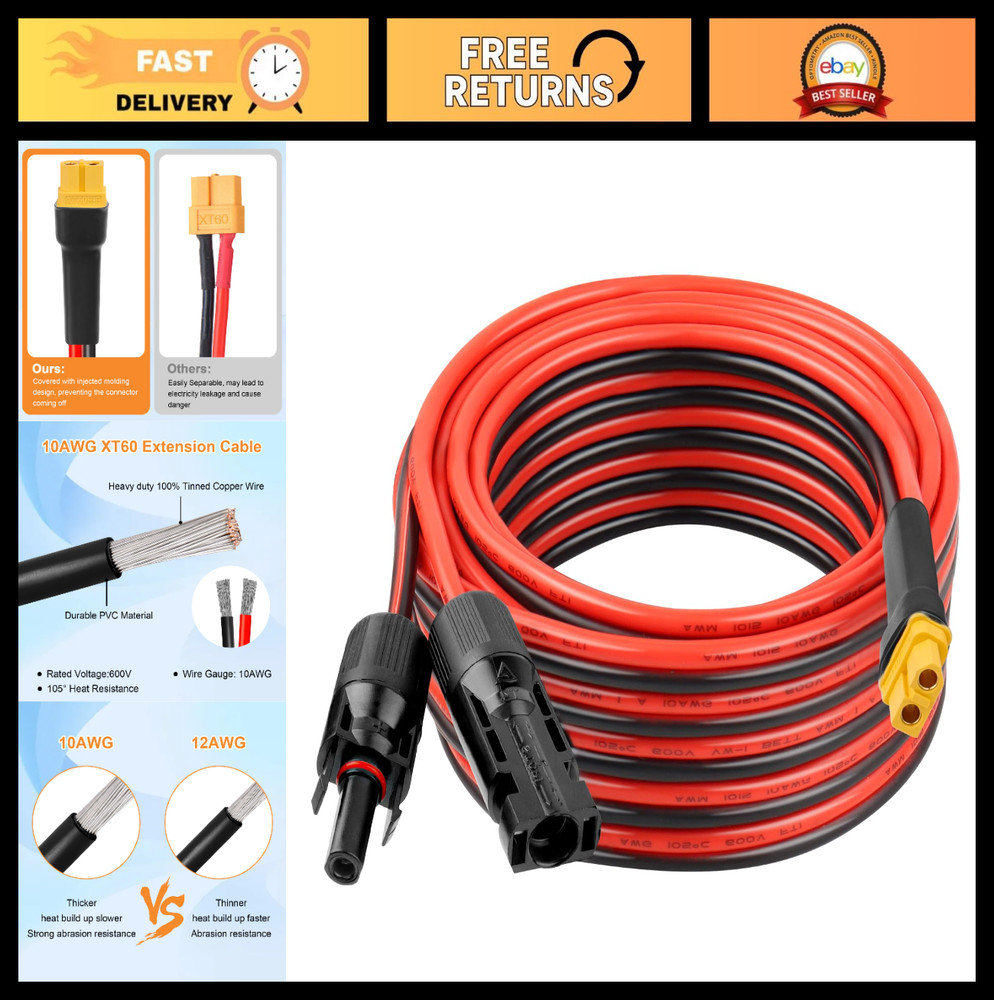 25FT 10AWG XT60 Solar Extension Cable – Male to Female Connector for Power Stati