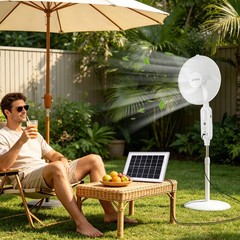 16″ Floor Standing Fan Solar Powered w/ 2PCS Emergency LED Bulbs Remote Outdoor