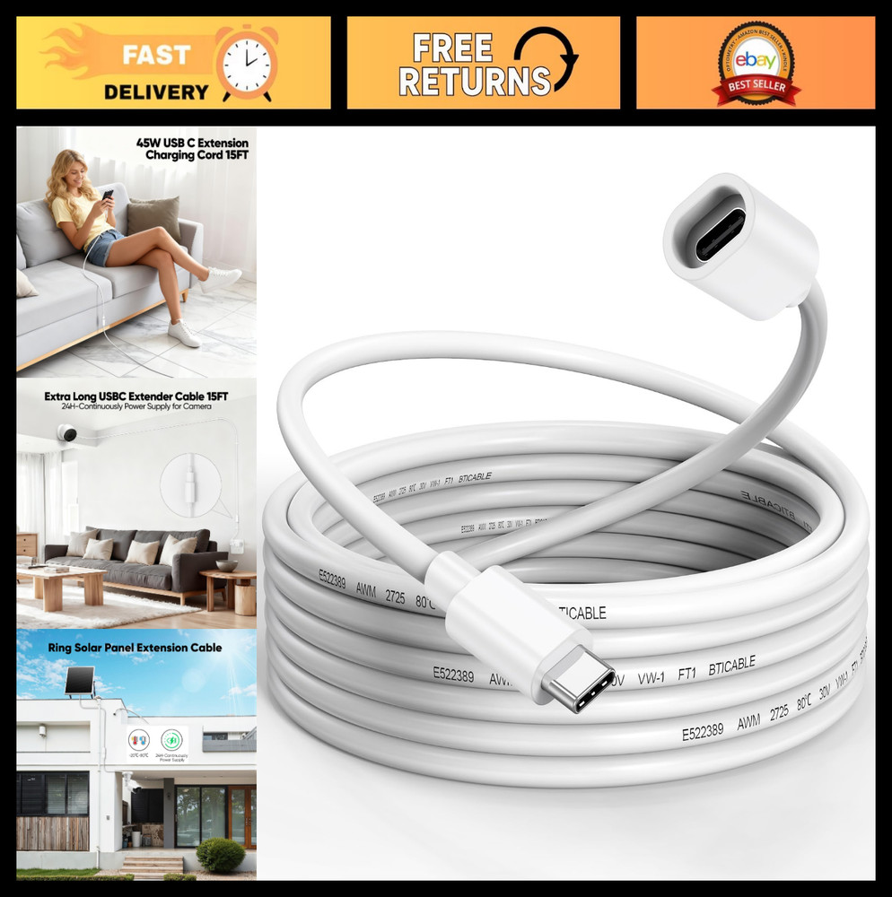 15FT USB-C Extension Cable for Solar Panel & Security Camera, Waterproof 45W Cha