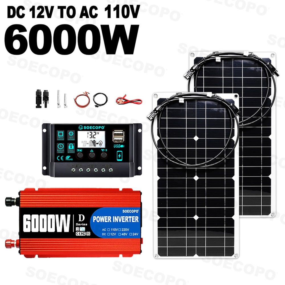 6000W Peak Solar System Kit 2pcs Flexible Panel DC12V AC110V/220V Inverter 100A