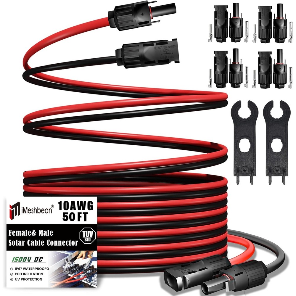 50 FT Solar Extension Cable 10 AWG 6mm² Solar Panel Extension Cable w/ Connector