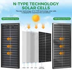 3Pack 100 Watt (300W) Bifacial Solar Panel 18BB Mono 12V/24V for Sunshed RV/home