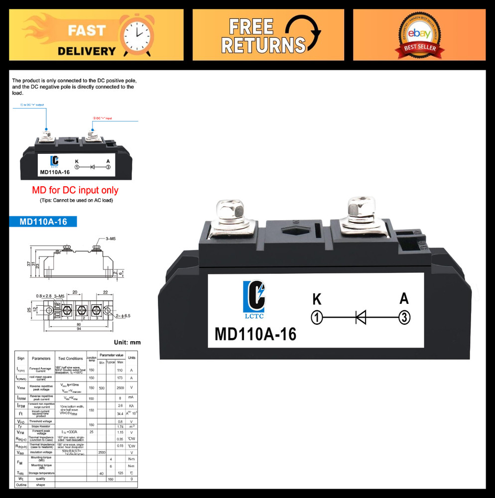 110A Solar Diode Anti-Reverse One Way – AC/DC Voltage 3-1000V for Solar Panels