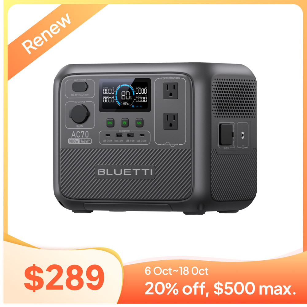 BLUETTI AC70 1000W 768Wh Portable Power Station Solar Generator for Outdoors