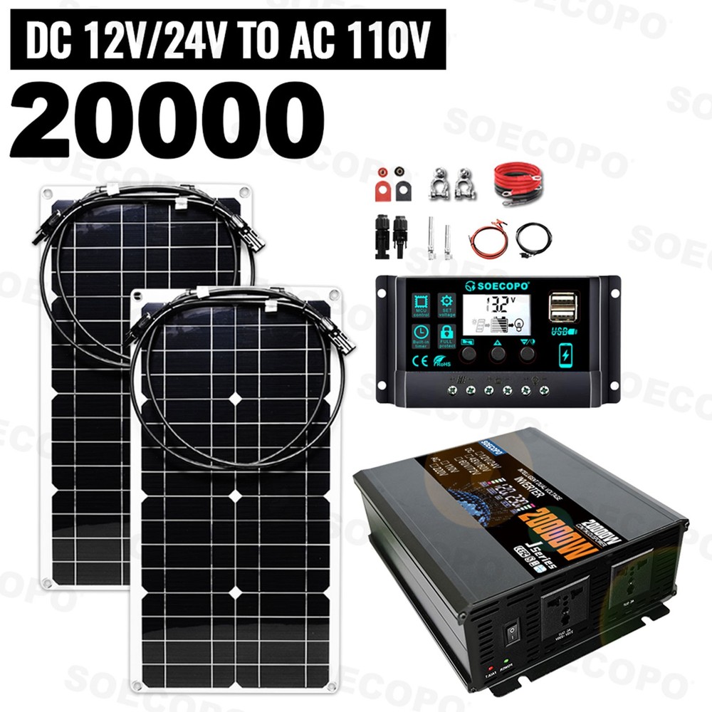 20000W Peak Solar System Kit 2pcs Flexible Panel DC12V/24V AC110V 220V Inverte