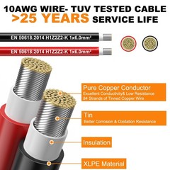 50FT Red & Black Solar Panel Wire 10AWG Tinned Copper PV Cable for RV, Boat, Out