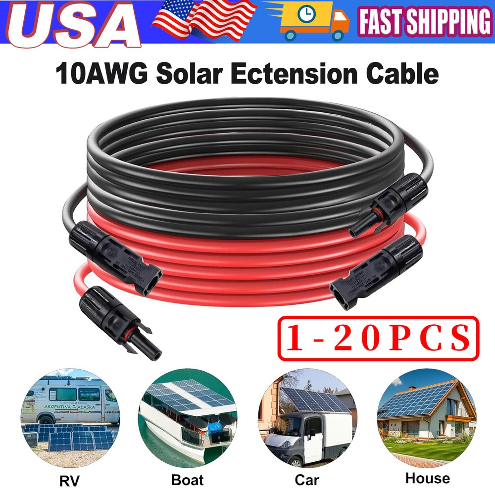 Black+Red 10 AWG Solar Panel Extension Cable Silicone Flexible Wire Connectors
