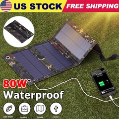 80W USB Folding Solar Panel Power Bank Outdoor Camping Hiking Phone Charger US