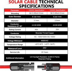 2X10 Feet Solar Panel Extension Cable, 10AWG Solar Cable, Solar Panel Cable with
