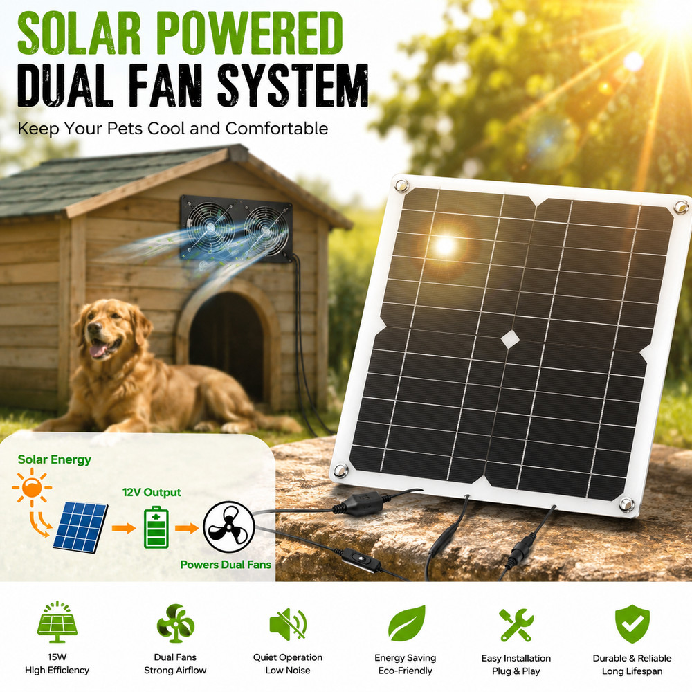 15W Solar Panel Fan Kit Dual 12V Exhaust Fans for Greenhouse Chicken Coop Pets