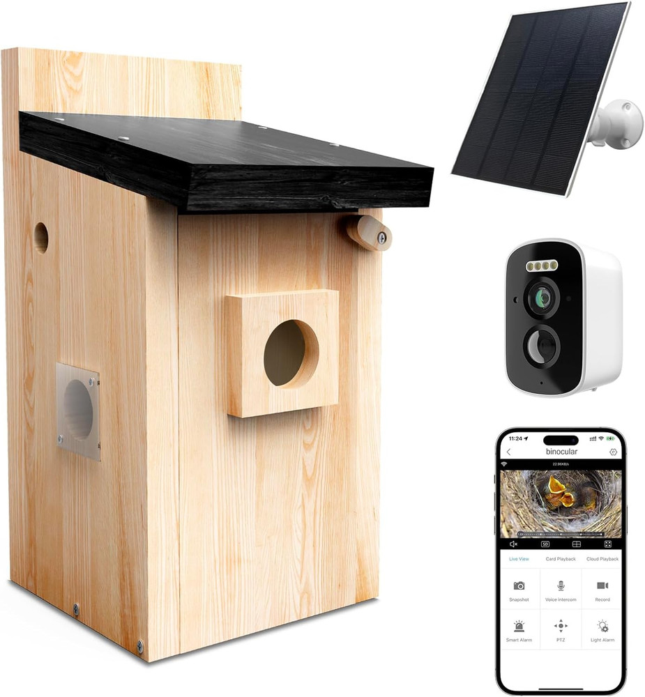 Solar Bird House with Camera, 1080P HD Wooden Smart Birdnest Solar Powered, W…