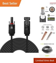 Solar Extension Cable 10AWG Black 100ft Weatherproof for PV Outdoor Use