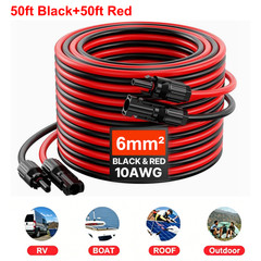50ft Black + 50ft Red 10AWG Solar Panel Extension Cable Flexible Wire Connectors