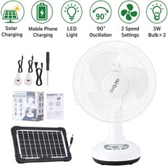 Solar Rechargeable 12″ Table Fan AC/DC Dual Power 2PCS LED Bulbs Outdoor Camping