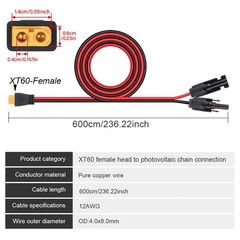 20ft Solar Panel Extension Cable Wire 12 AWG XT60 Female to Solar Connectors US
