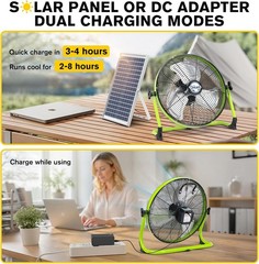 14″ Solar Powered Fan with 20W Solar Panel & Rechargeable Battery, Portable, Qui