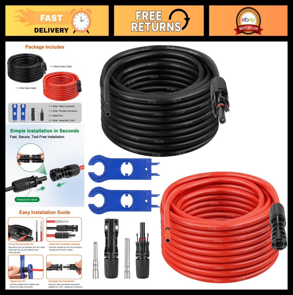 30FT 8AWG Solar Extension Cable – Red & Black PV Wire with Connectors for RV, Of