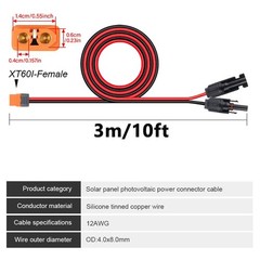 10ft Solar Connector to XT60i Adapter Charging Cable Solar Panel Extension Cable