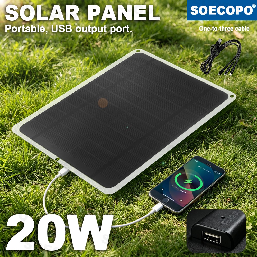 20W Flexible Mono Solar Panel USB Charger Phone Camping 3-in-1 Cable Included