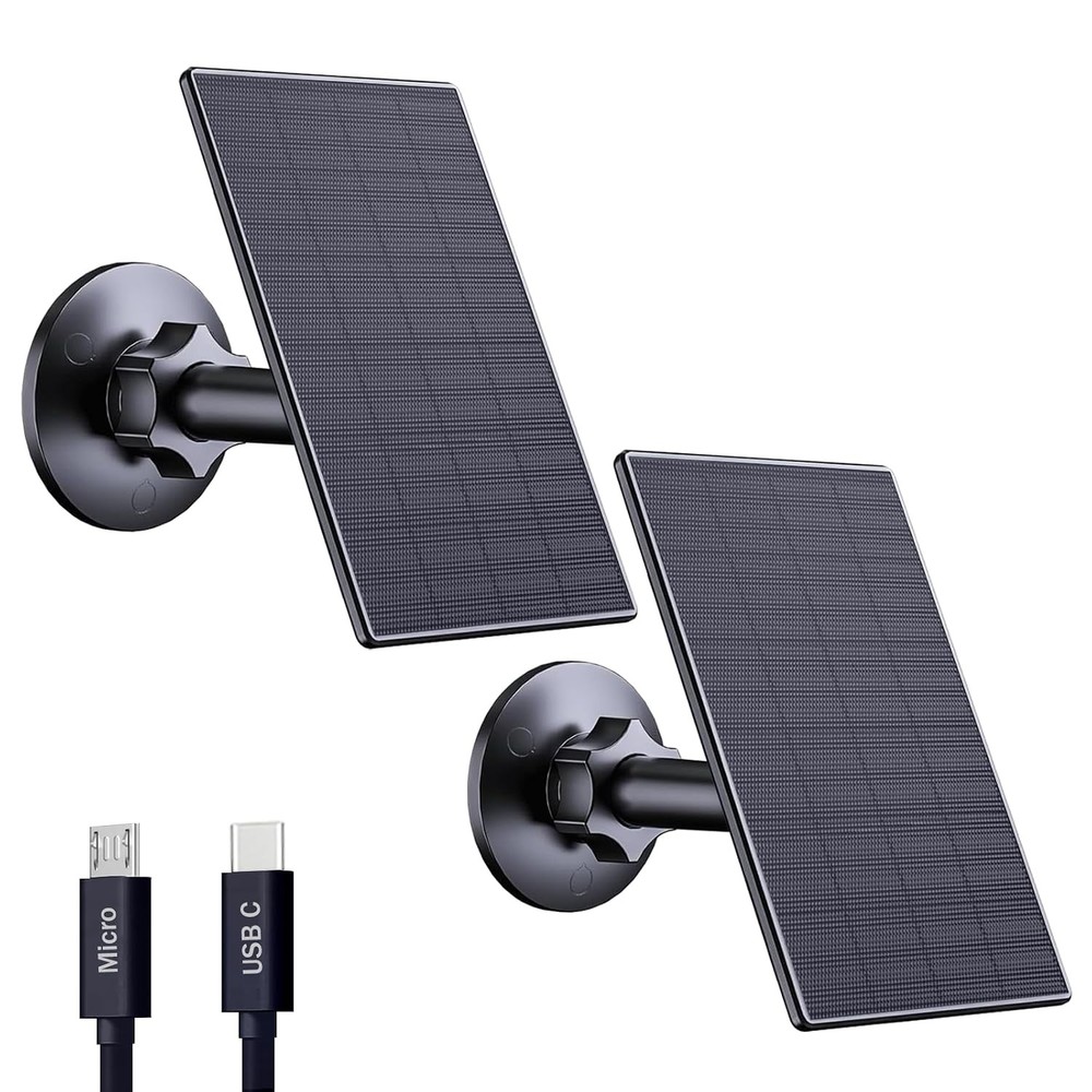 2W Solar Panel for Security Cameras with USB and USB-C Port, Black Solar Panel